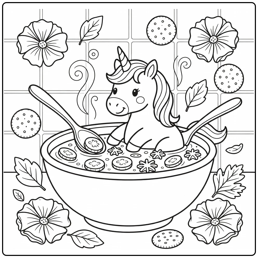 Unicorn food coloring page: unicorn in soup bowl bath