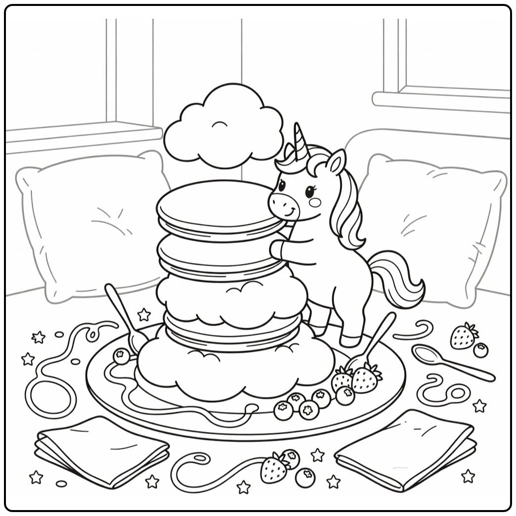 Unicorn stacking pancake clouds unicorn food coloring page