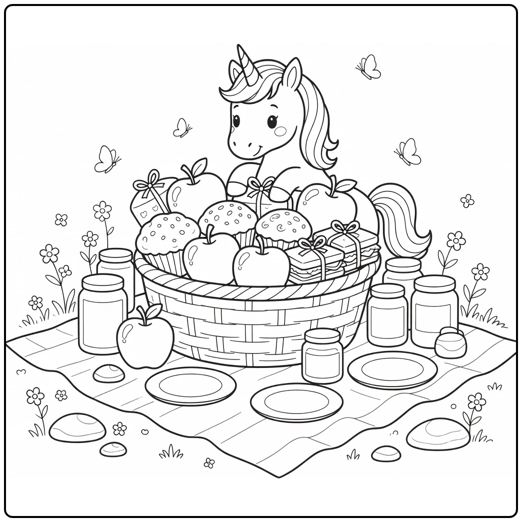 unicorn food coloring page: unicorn peeks at picnic treats