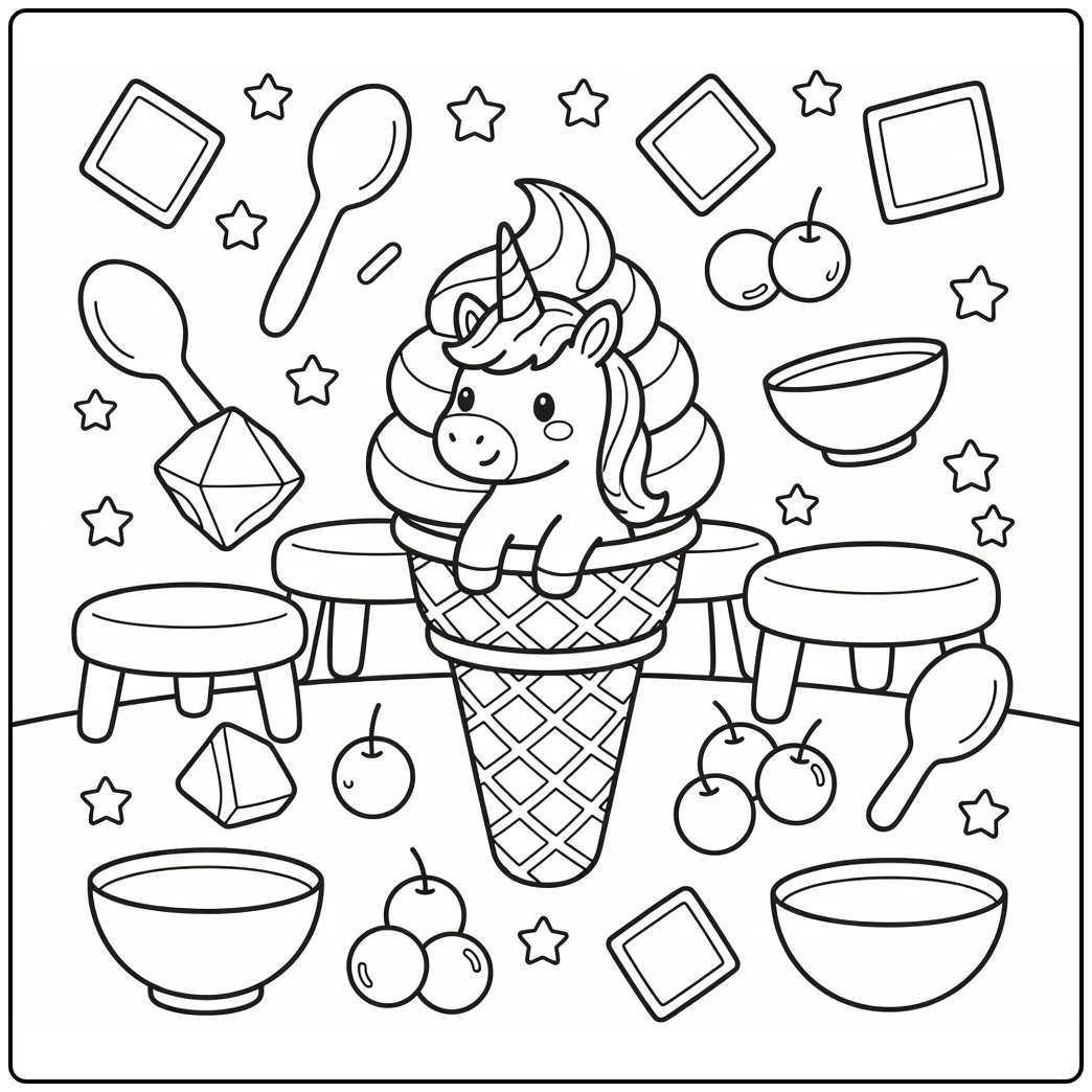 unicorn food coloring page: unicorn in waffle cone shop