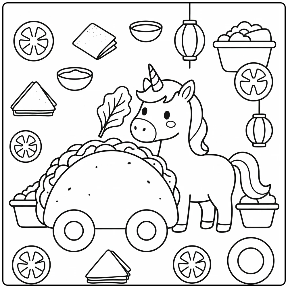Unicorn food coloring page: unicorn nudges lettuce on taco cart