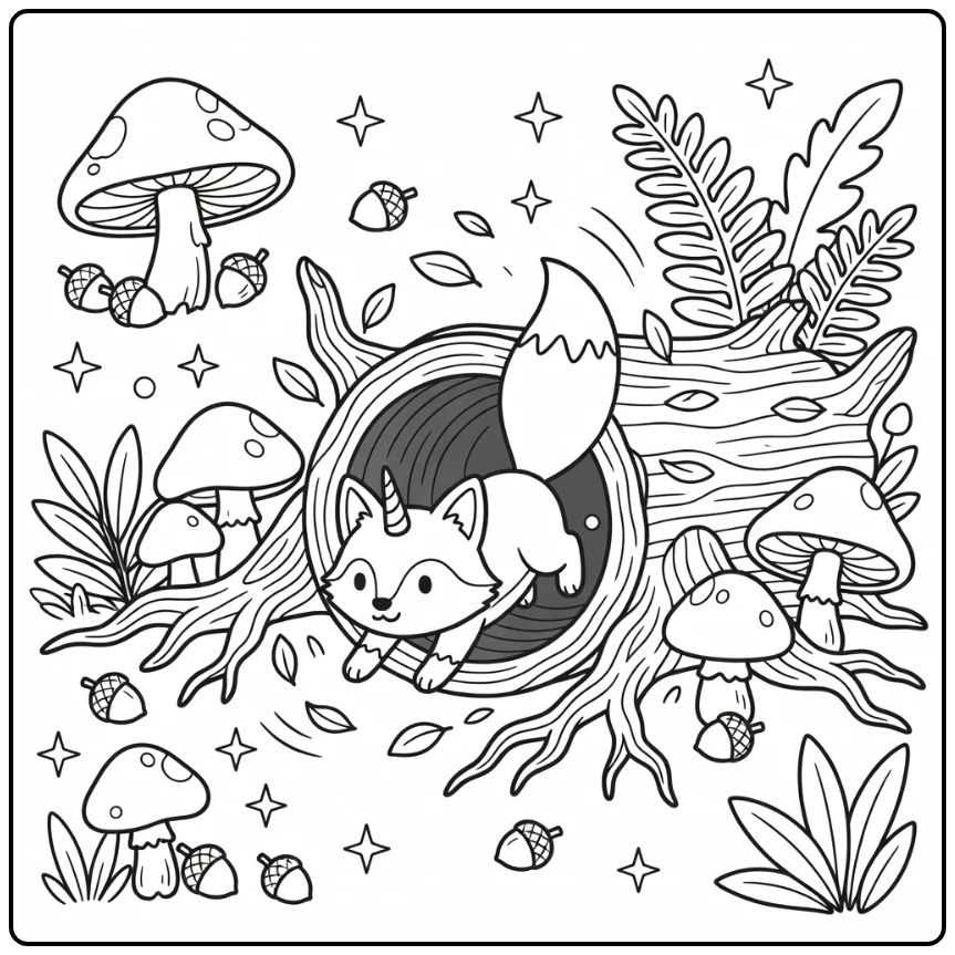 Unicorn fox coloring page: fox diving into log tunnel, tail out