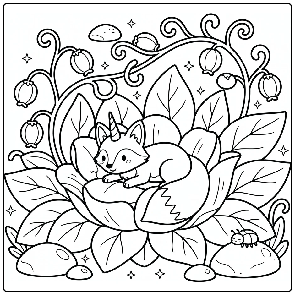 Unicorn fox coloring page: fox in giant flower nest