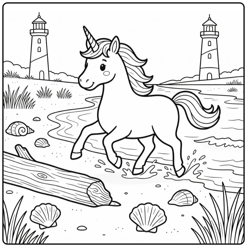 Cute unicorn galloping beach with waves unicorn coloring pages