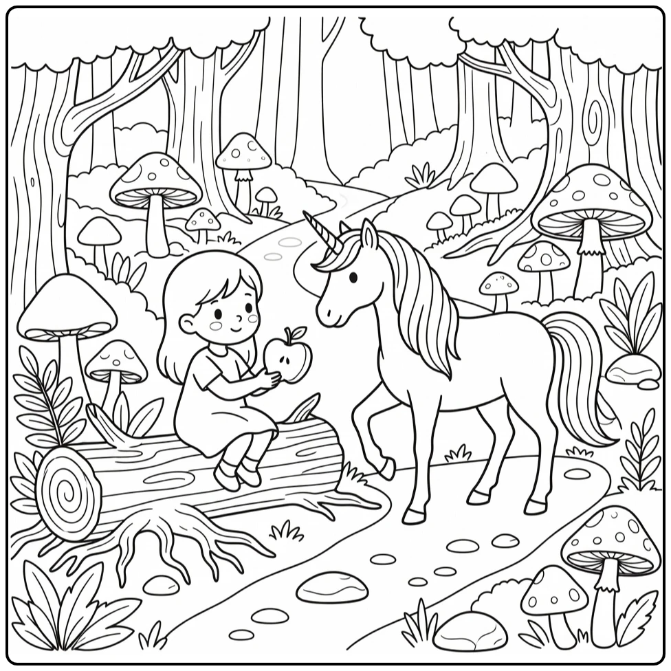 Unicorn girl coloring pages: girl offers apple to unicorn