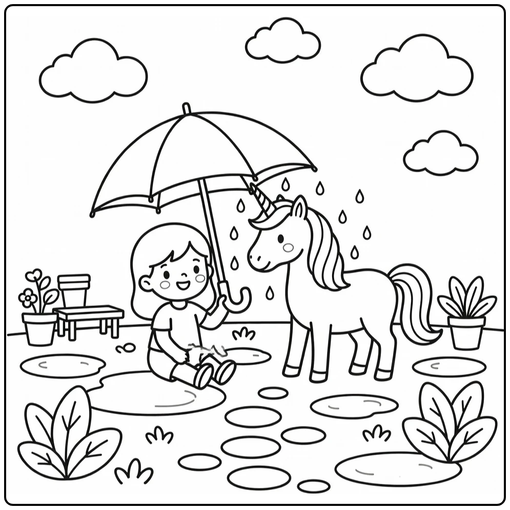 unicorn girl coloring pages: unicorn shakes rain by girl under umbrella
