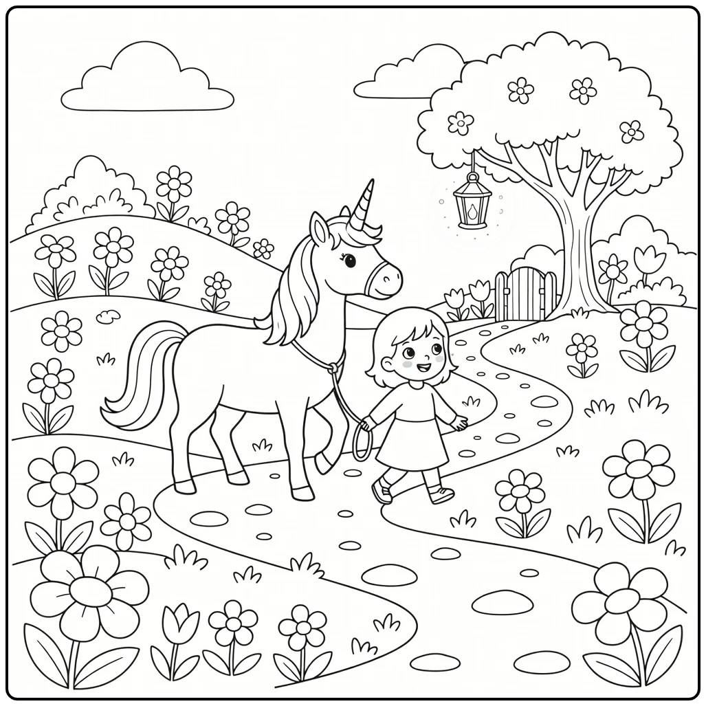 unicorn girl coloring pages: path to lantern