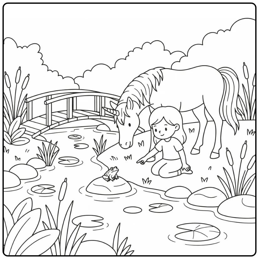 Unicorn girl coloring pages: kneeling girl points frog to unicorn by stream