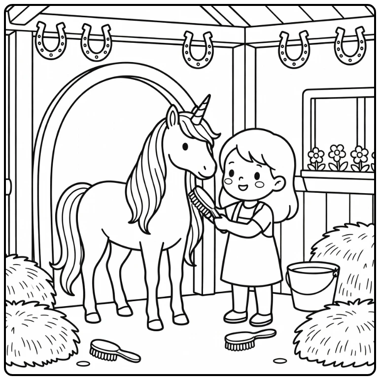 Unicorn girl coloring pages: girl brushing unicorn mane