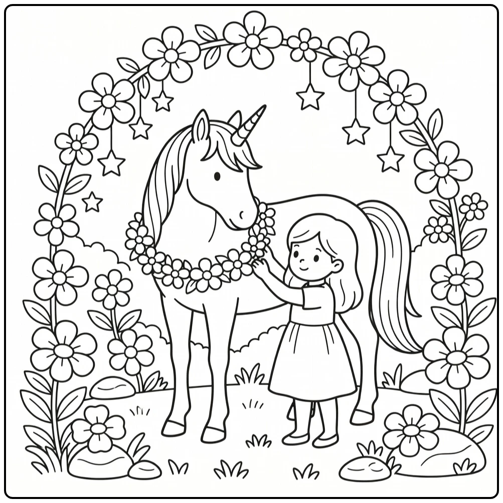 Unicorn girl coloring pages: girl places flower garland on unicorn