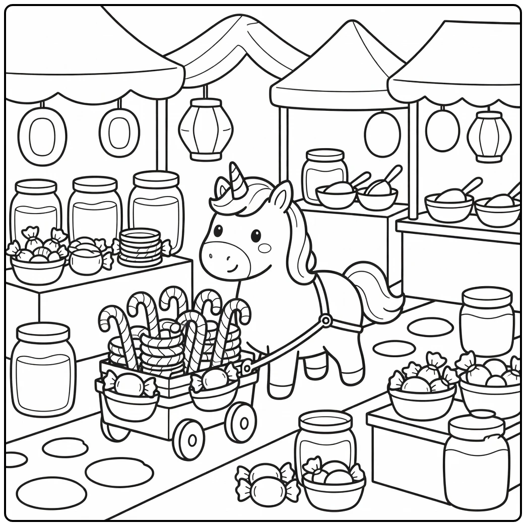 Unicorn pulling candy wagon in sweet market unicorn candy coloring page
