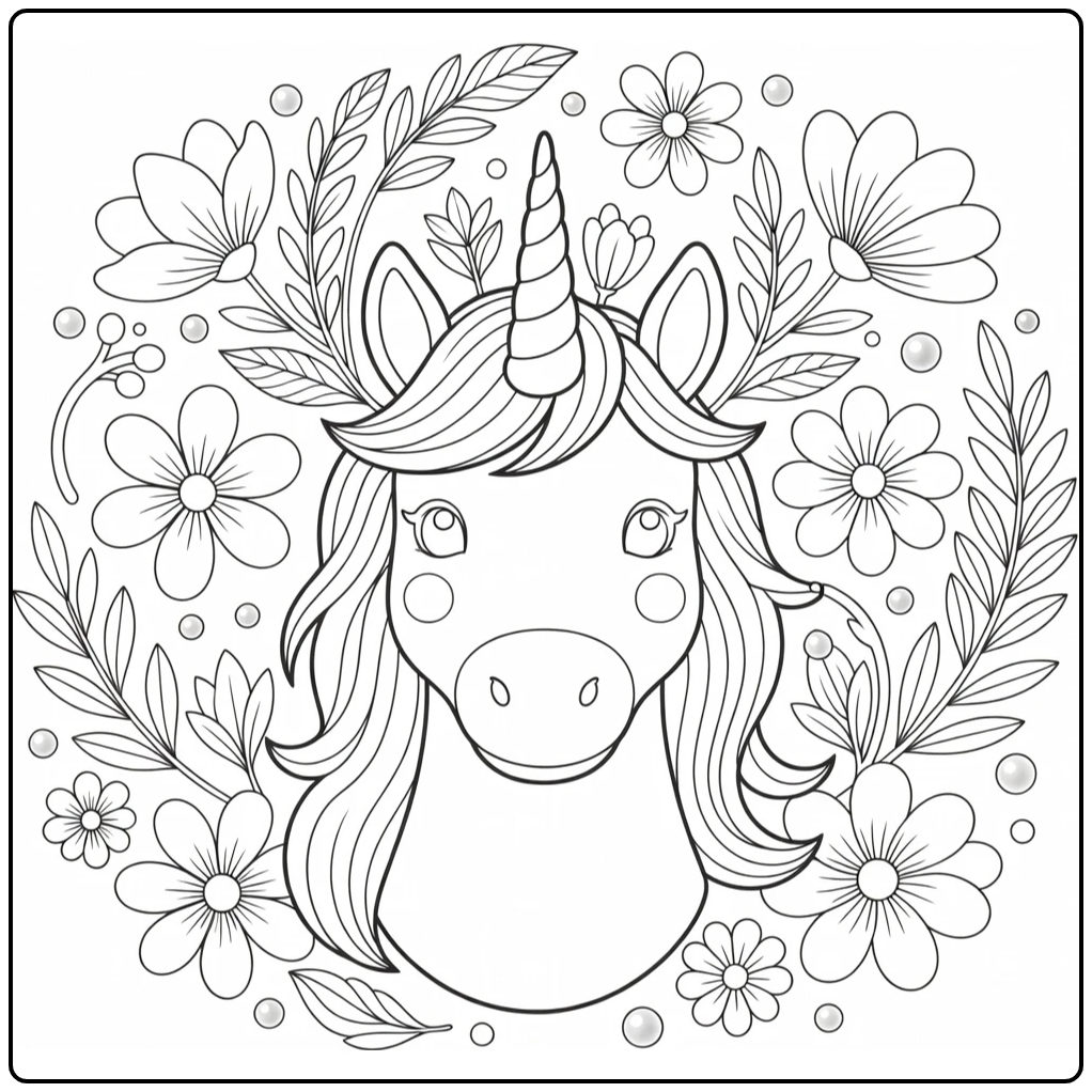 Cute unicorn head coloring page with floral crown vines
