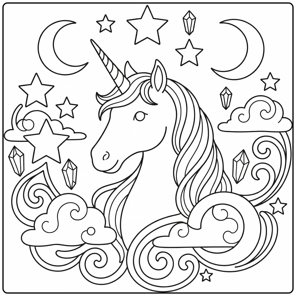 Unicorn head coloring page with magical moons, stars, clouds