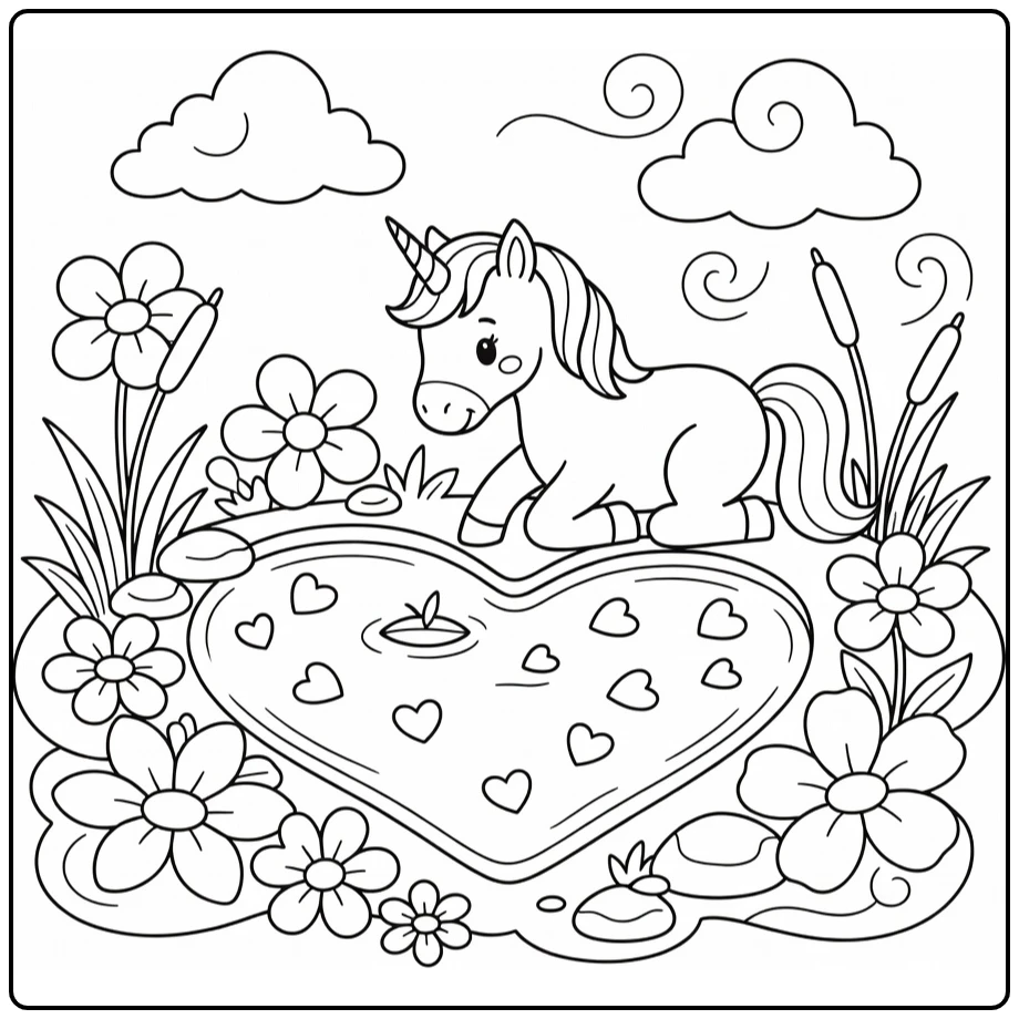 Unicorn heart coloring page: unicorn at heart pond with lily