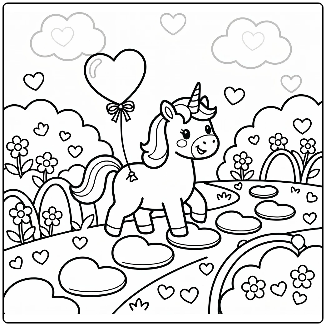 Unicorn heart coloring page: playful unicorn with balloon