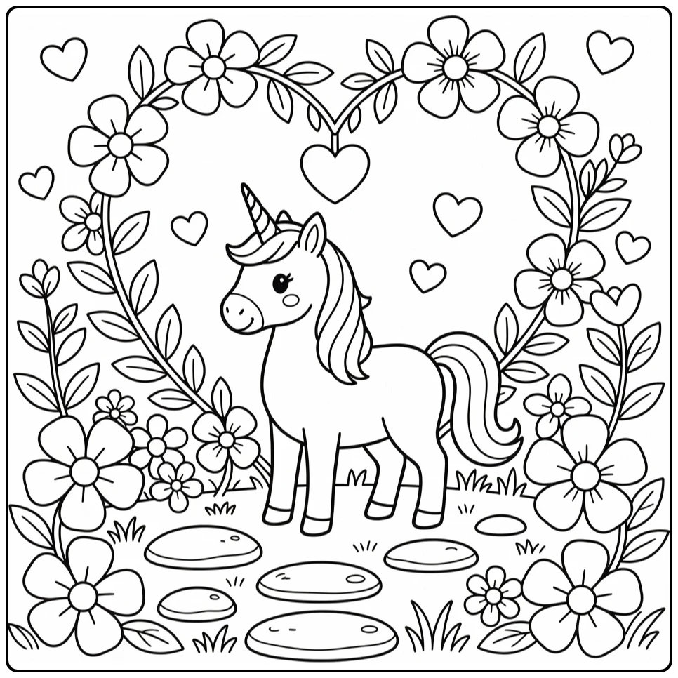 Unicorn heart coloring page: magical unicorn under floral arch