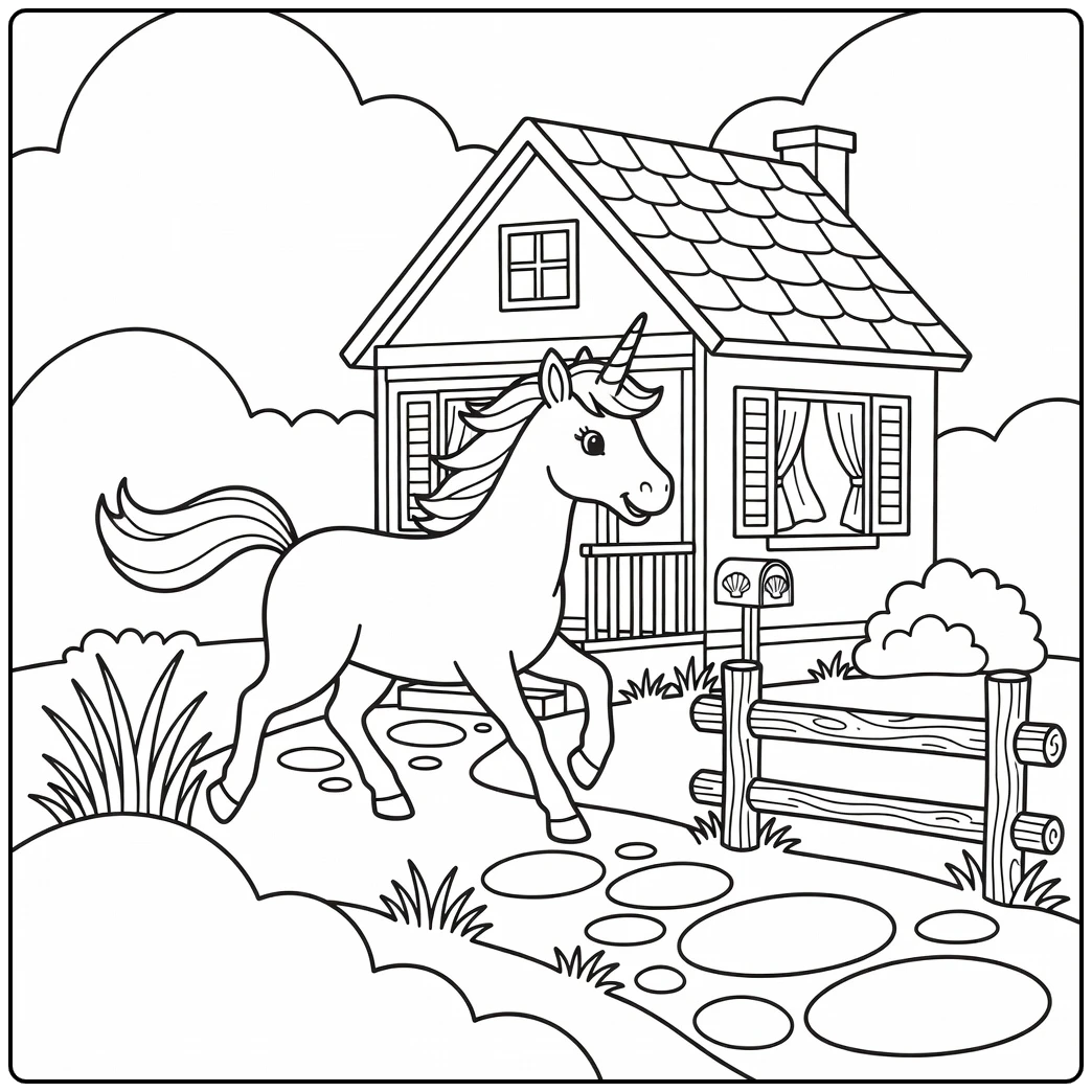 Playful unicorn at seaside house - unicorn house coloring page