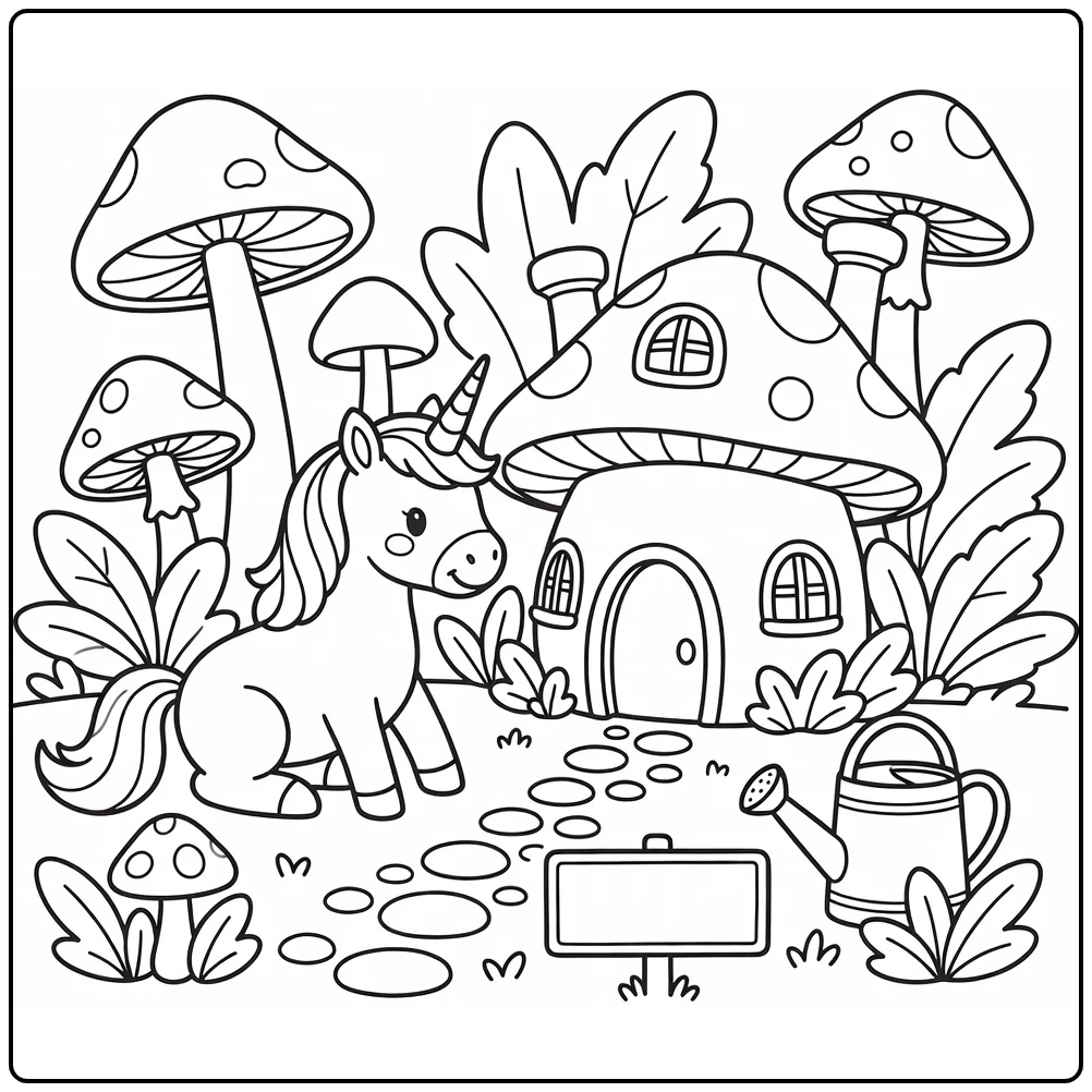 unicorn house coloring page: unicorn greets mushroom home