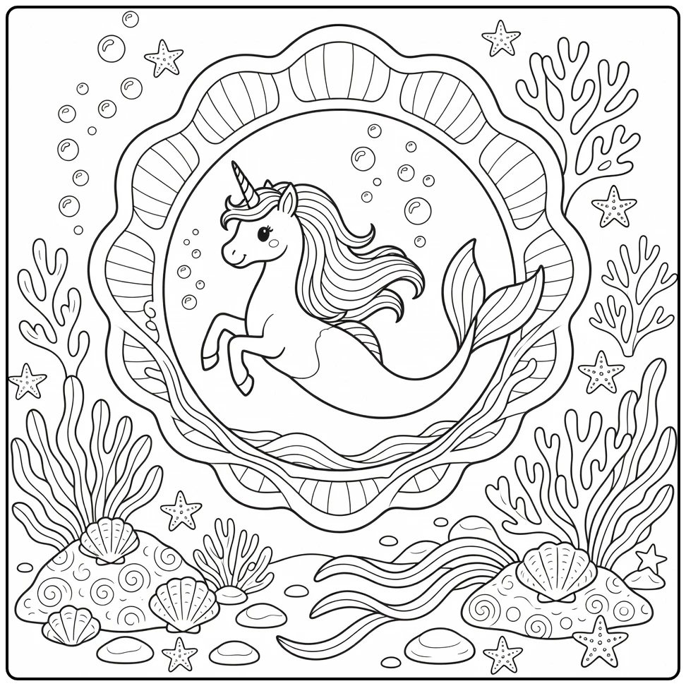 Unicorn mermaid coloring page sliding thru seashell coral hoop