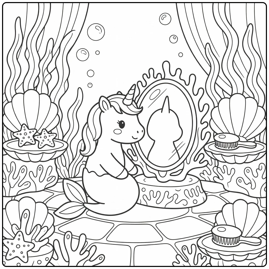 Unicorn mermaid coloring page peering into pearl mirror vanity