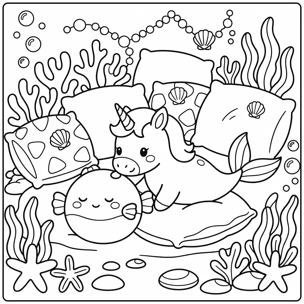 Unicorn mermaid coloring page: pushing pufferfish cushion