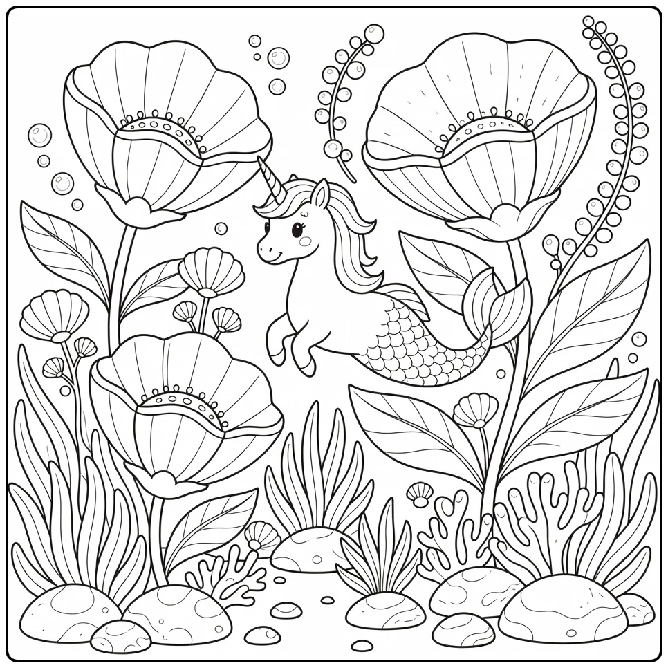 Unicorn mermaid coloring page in shell flower ocean