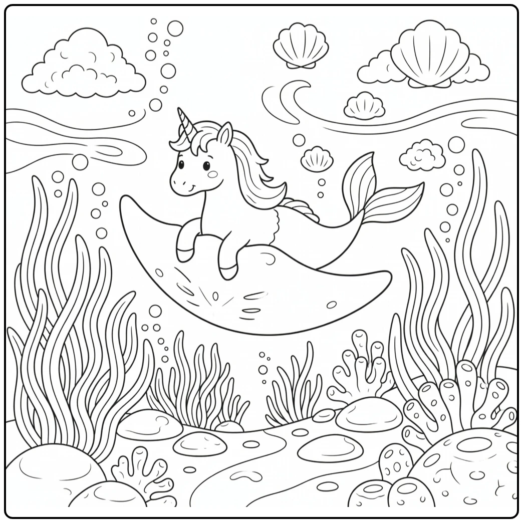 Unicorn mermaid coloring page: riding manta leaf underwater