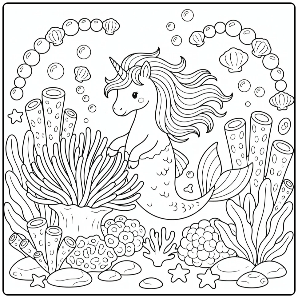 Unicorn mermaid coloring page: shyly brushing anemone
