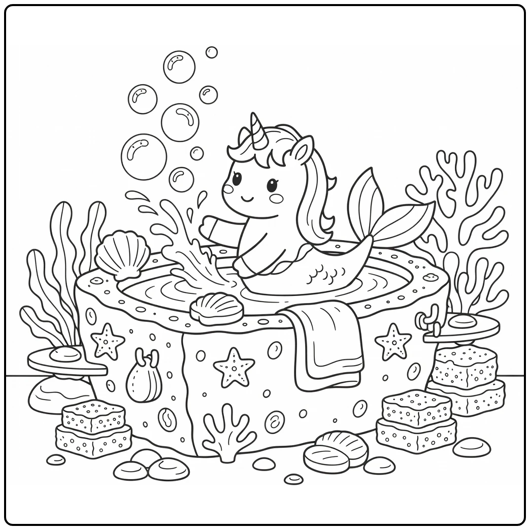 Unicorn mermaid coloring page: bubble-splashing sponge tub bath