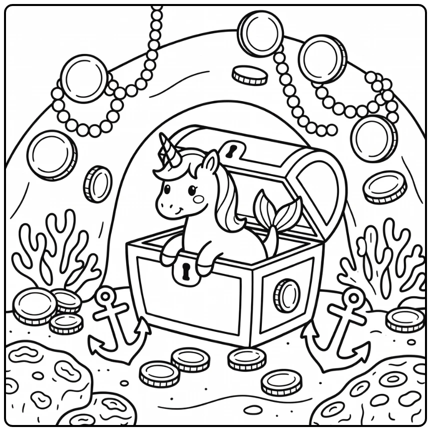 Unicorn mermaid coloring page peeking from treasure chest window