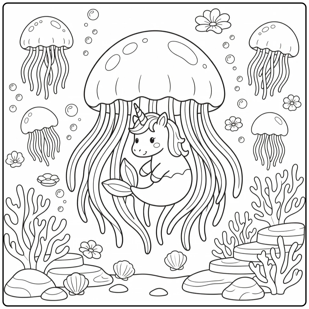Unicorn mermaid coloring page: tiny unicorn in jellyfish canopy