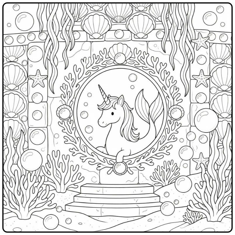 Unicorn mermaid coloring page peeking through coral window