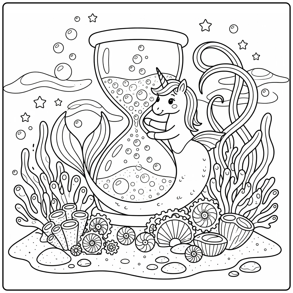 Unicorn mermaid coloring page with underwater hourglass bubbles