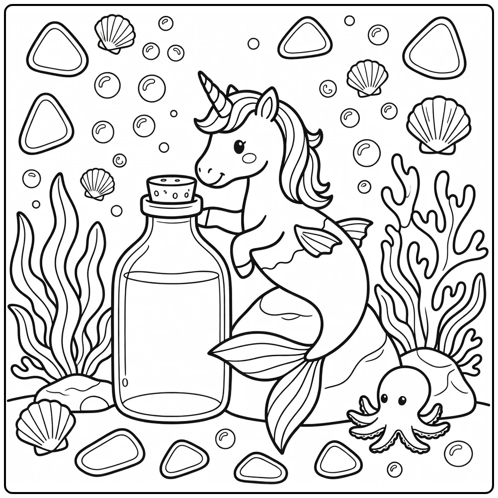 unicorn mermaid coloring page nosing open giant bottle