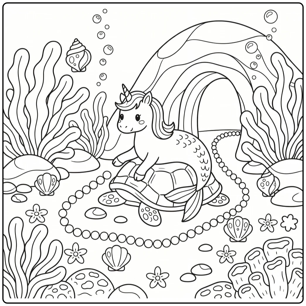 Unicorn mermaid coloring page: pearl trail to coral cave