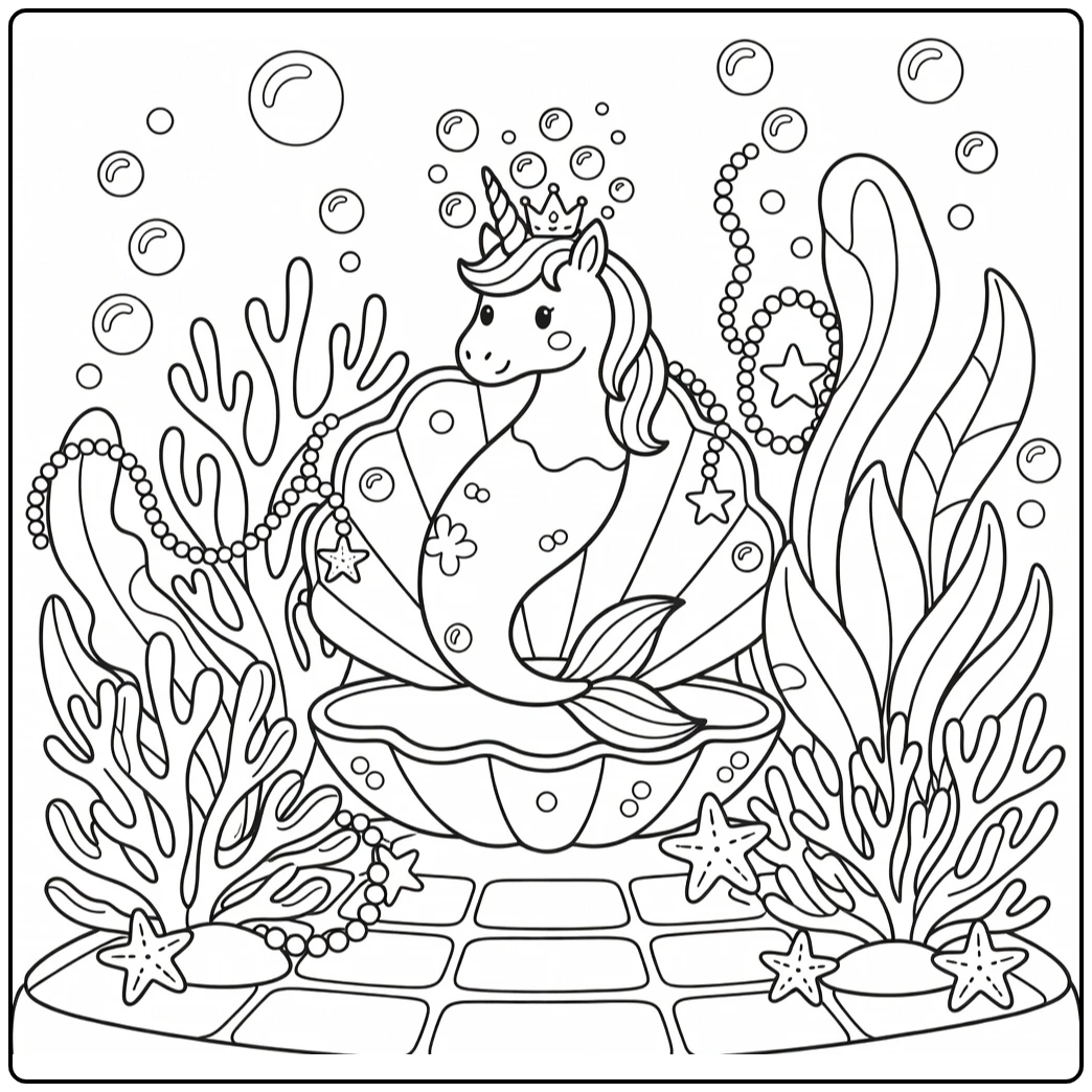 Unicorn mermaid coloring page with bubble crown on horn
