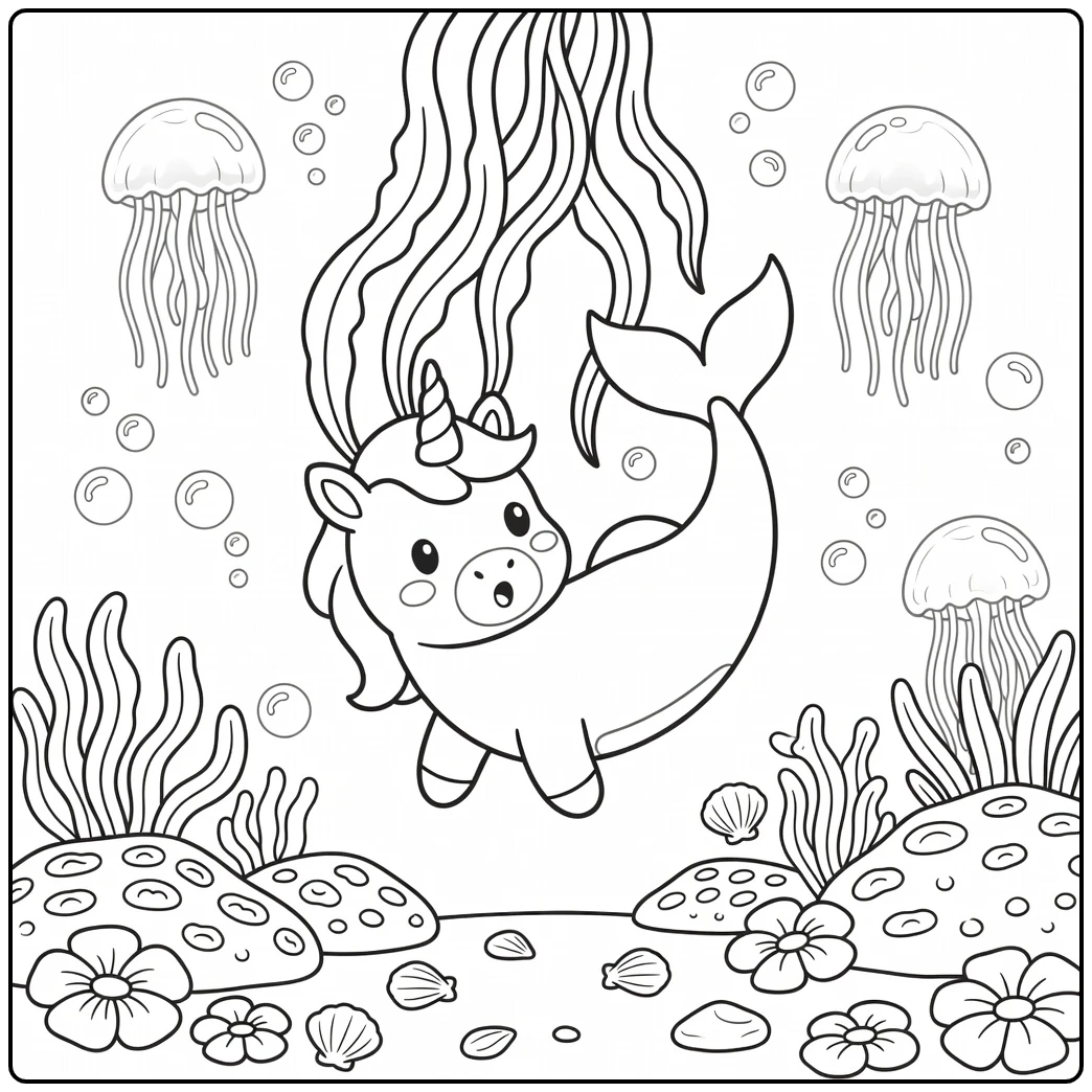 Upside-down unicorn mermaid coloring page in funny seaweed trap