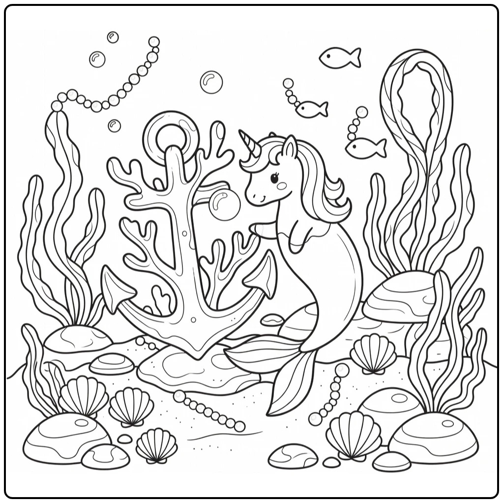 Unicorn mermaid coloring page: bubble nudge on anchor coral