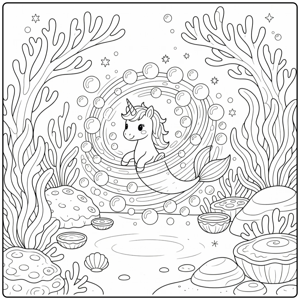 Unicorn mermaid coloring page: spinning in bubble whirl underwater