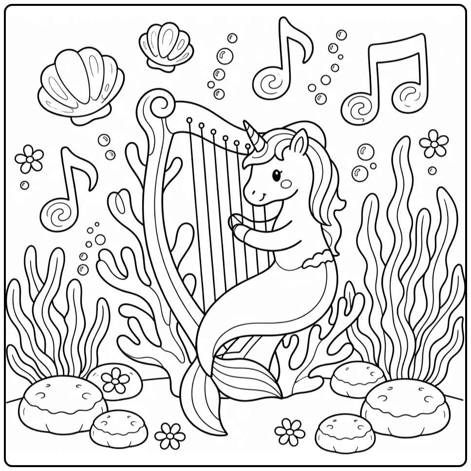 Unicorn mermaid coloring page playing coral harp underwater