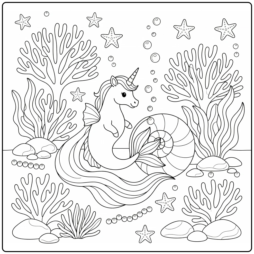Unicorn mermaid coloring page: seahorse unicorn at giant shell