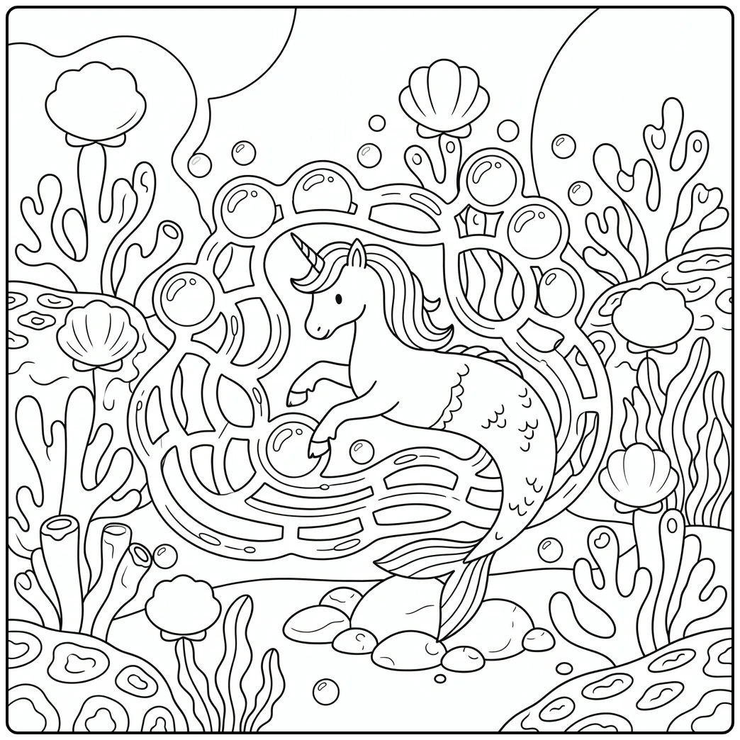 Unicorn mermaid poking horn in bubble maze coloring page