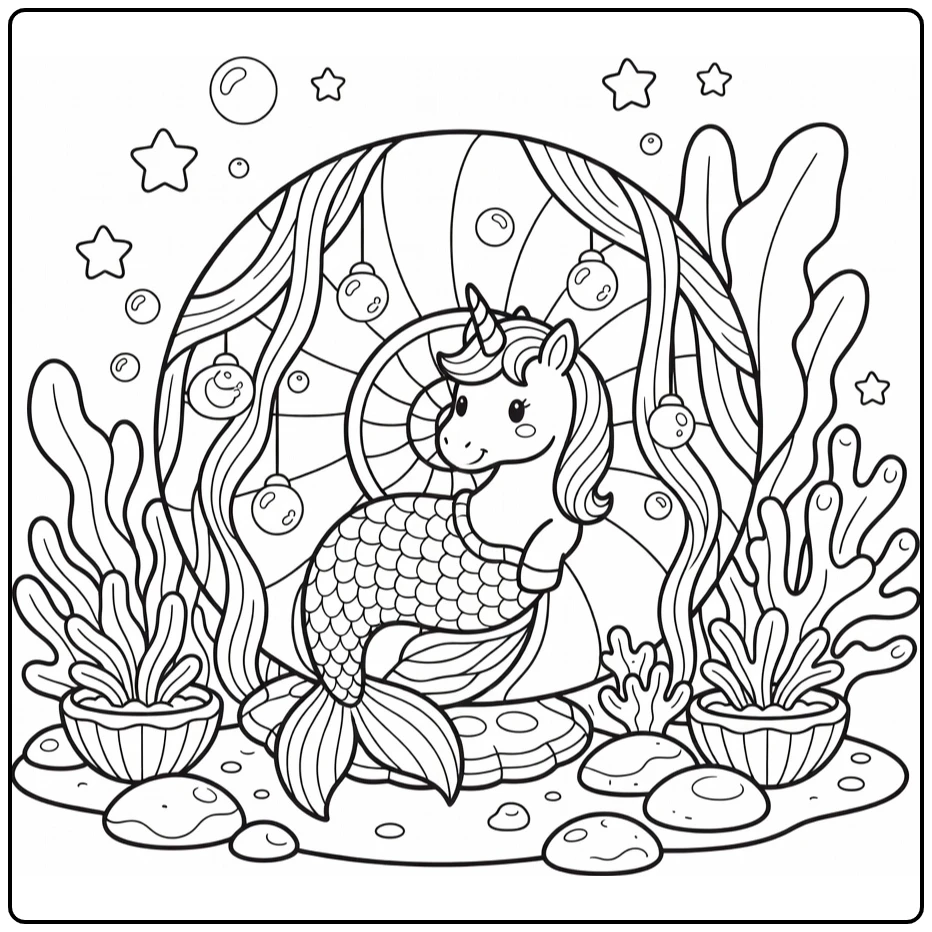 Unicorn mermaid coloring page in cozy nautilus shell home