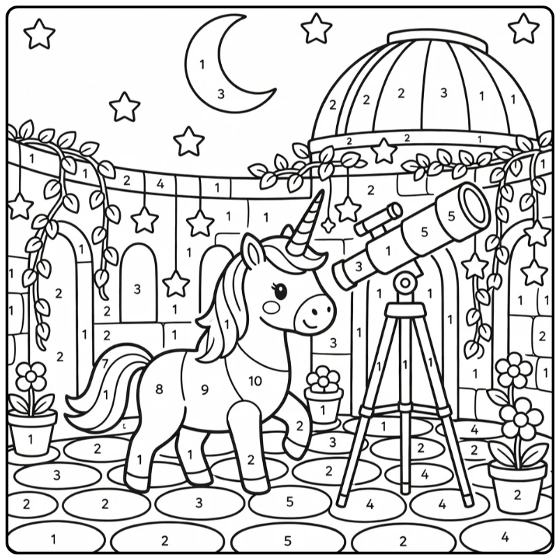 unicorn number coloring page: playful unicorn at telescope
