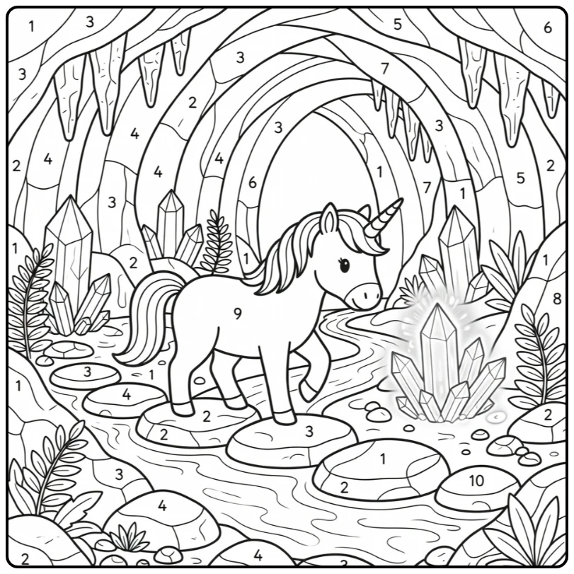 Unicorn number coloring page: unicorn in crystal cave with stream