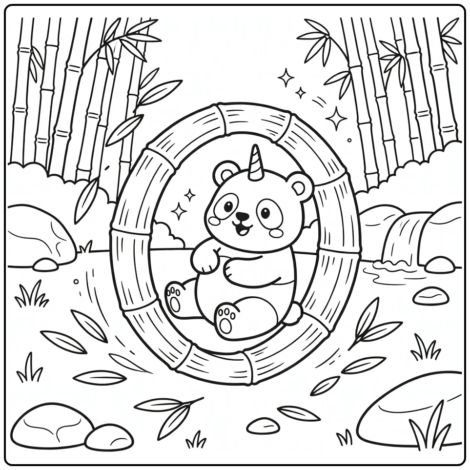 unicorn panda coloring page: baby rolling in bamboo ring