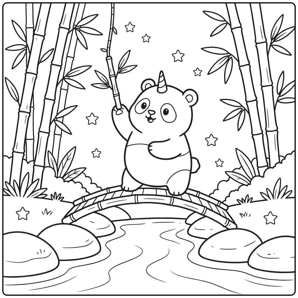 Unicorn panda coloring page: balancing on bamboo bridge