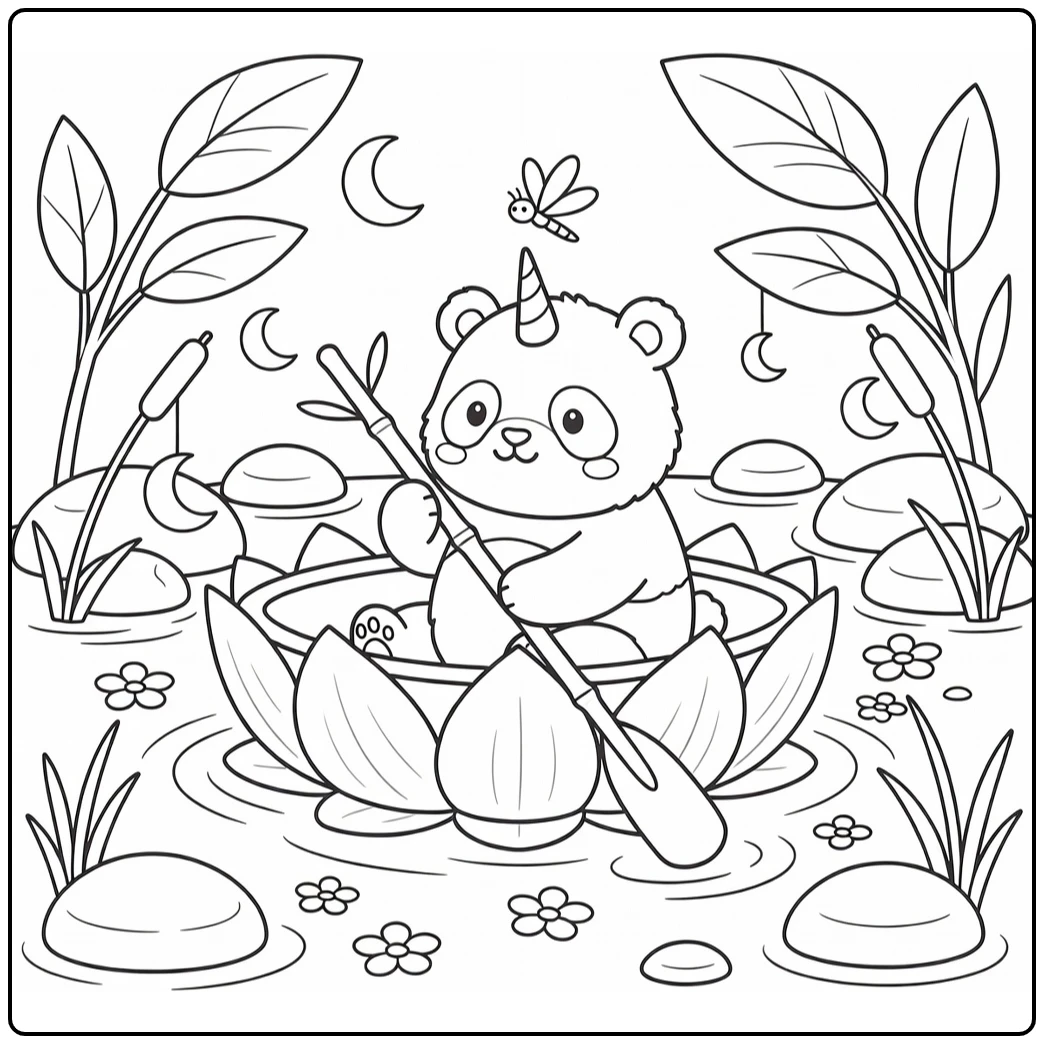 Unicorn panda coloring page: fluffy panda paddles lotus boat