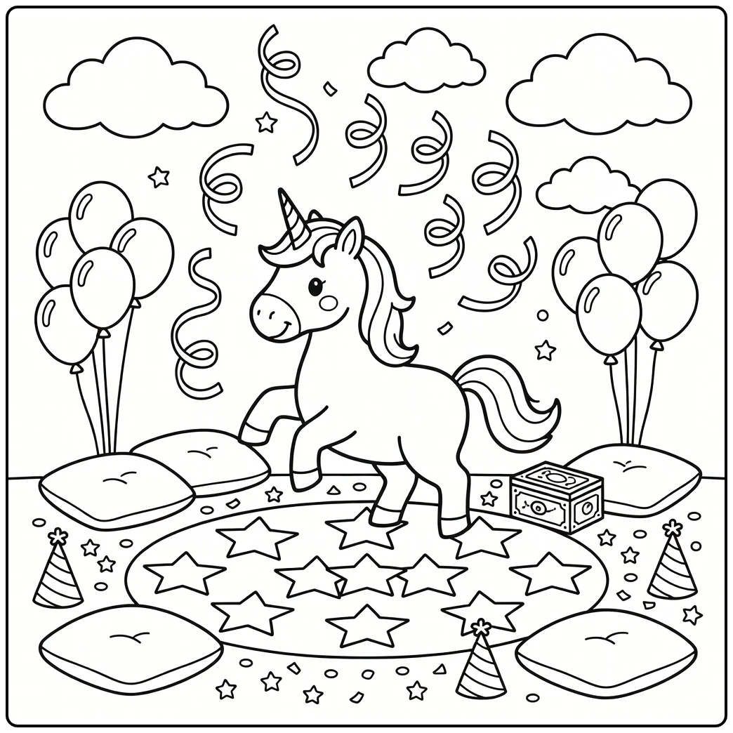 Unicorn party coloring page: playful unicorn on star dance mat