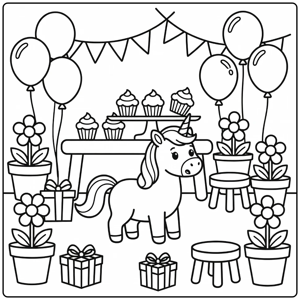 Unicorn party coloring page: unicorn balancing wobbly cupcake tray